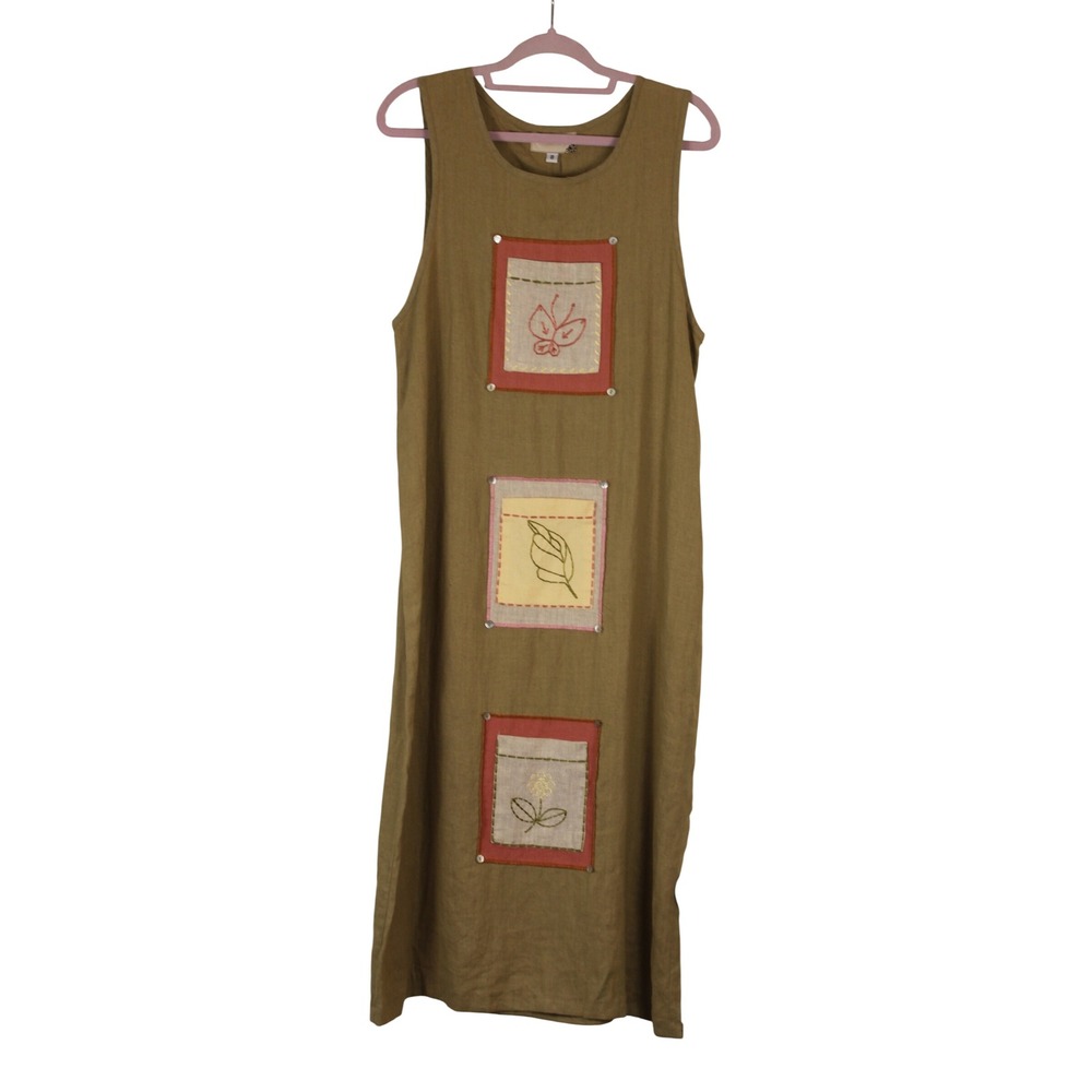 Earth Song Boho Artsy Ladenlook 90s Olive Green Sleeveless Shift Midi Dress 8